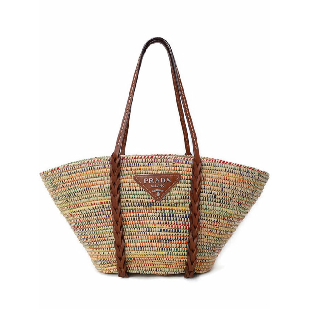 Prada Straw Tan Leather Handbag Tote Bag